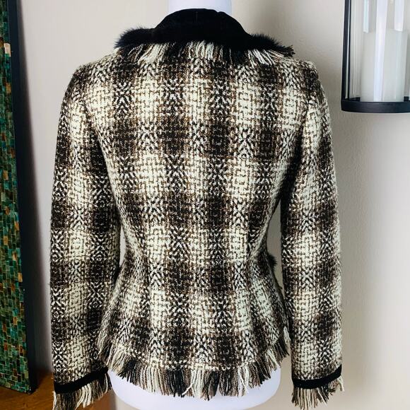 Cache Vintage 6 Size Women's Faux Fur Velvet Fringe Plaid Jacket Fall Boho - Picture 11 of 13